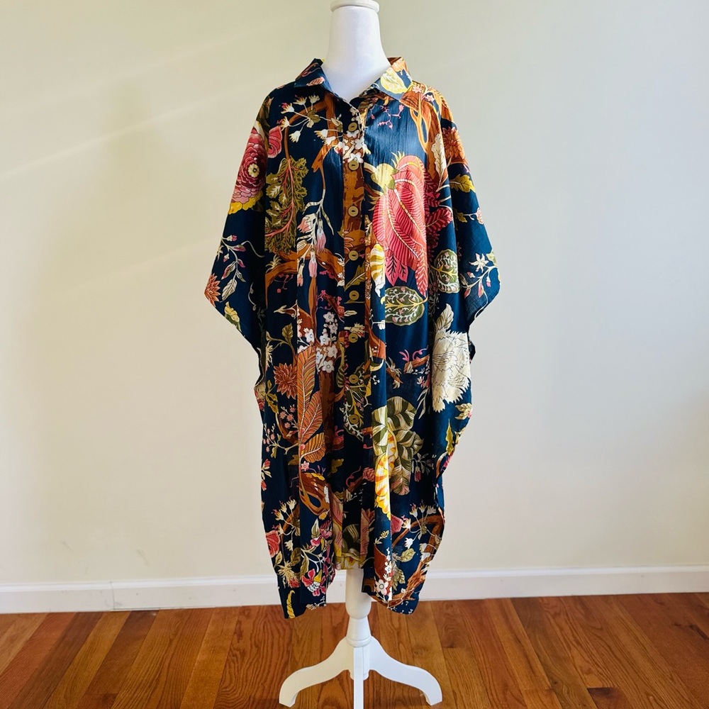 Twilight Garden Navy Botanical Midi Shirt-Dress Kaftan - One Size Fits Mostly